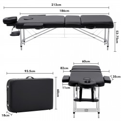 JL Comfurni ® Portable Folding Massage Table Tattoo Couch Beauty Salon Therapy Couch Bed (Black - 3 Section - Aluminum)