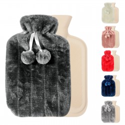 EXQUI 2L Large Natural Rubber Hot Water Bag with Thick Cosy Pom Pom Fluffy Cover