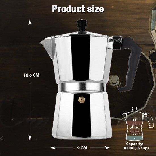 VINEKRAFT Moka Pot Espresso Maker Stovetop Coffee Maker with a Coffee Clip Spoon - 6 cups/300ml - Silver