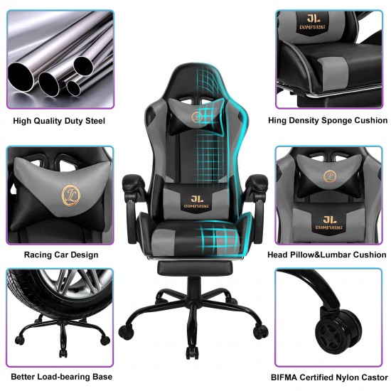 JL Comfurni | Constellation Series Grey | Gaming Chair with Footrest/Computer Chairs/ Swivel Leather Desk Chair