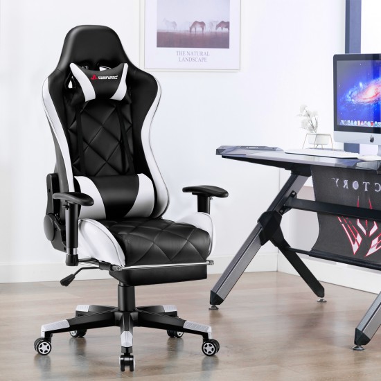 Athena Argyle Series | Gaming Chair with Footrest/Computer Chairs/ Swivel Leather Desk Chair [GRID-WT+JD]
