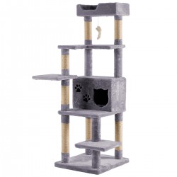 JR Knight Cat Tower Cat Tree Cat house Cat Bed with Condo, Hanging Toy Mouse, Top Watch Towel (Grey)