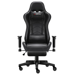 JL Comfurni | Classic Black | Gaming Chair with Footrest/Swivel Leather Desk Chair