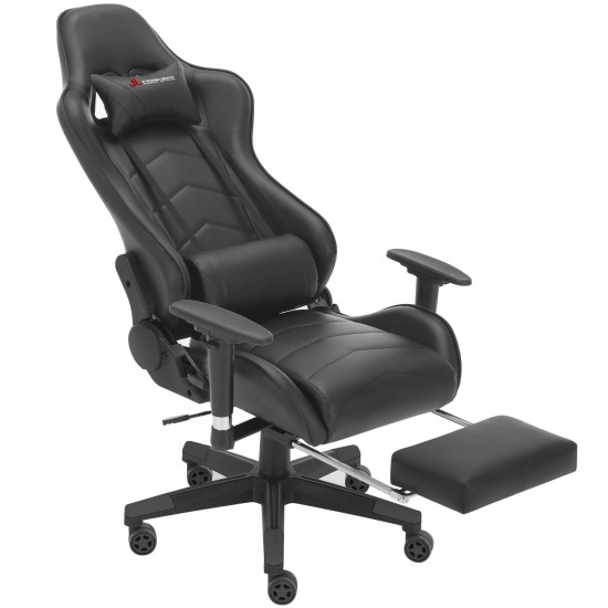 JL Comfurni | Classic Black | Gaming Chair with Footrest/Swivel Leather Desk Chair