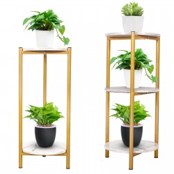 EXQUI Plant Stand Metal Wood Rack Round Flower Pot Holder 2/3 Tier