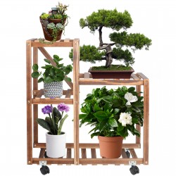 EXQUI Wood Flower Stand Display Plant Shelf with Wheel