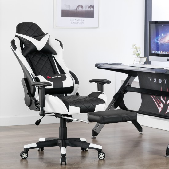 Athena Argyle White | Gaming Chair With Footrest/Computer Desk Chair