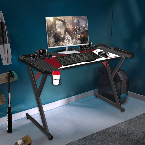 JL Comfurni | Z-Shaped Gaming Desk | PC Gamer Tables with Cup Holder[Black]