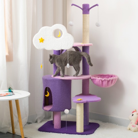 JR Knight Cat Tree Cat Tower Cat Condo with Cat Scratching Post-Purple & Pink 140cm/55in